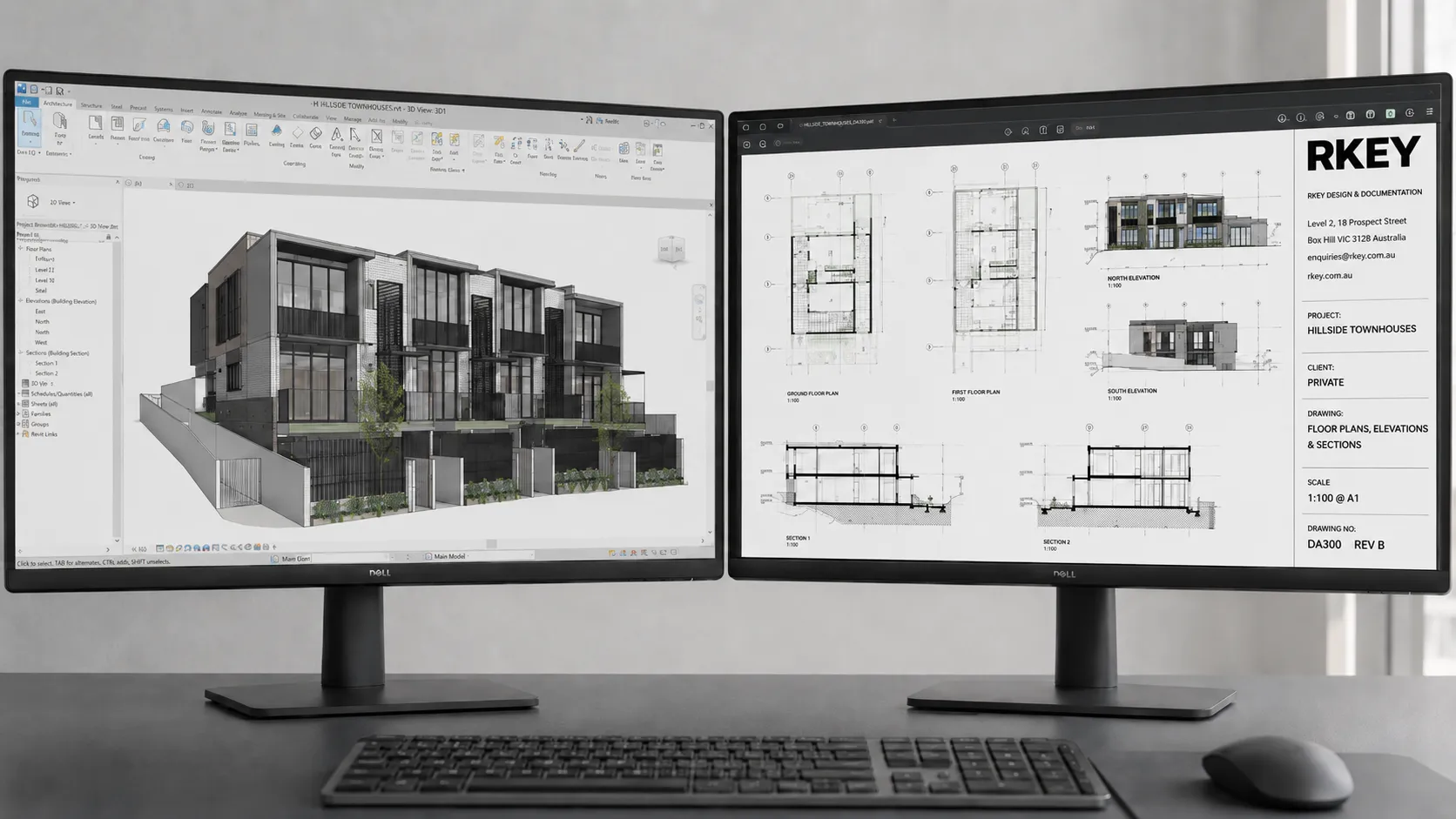 A dual-monitor RKEY workstation: a Revit model of a townhouse development on the left, a coordinated drawing sheet of plans, elevations and sections on the right.